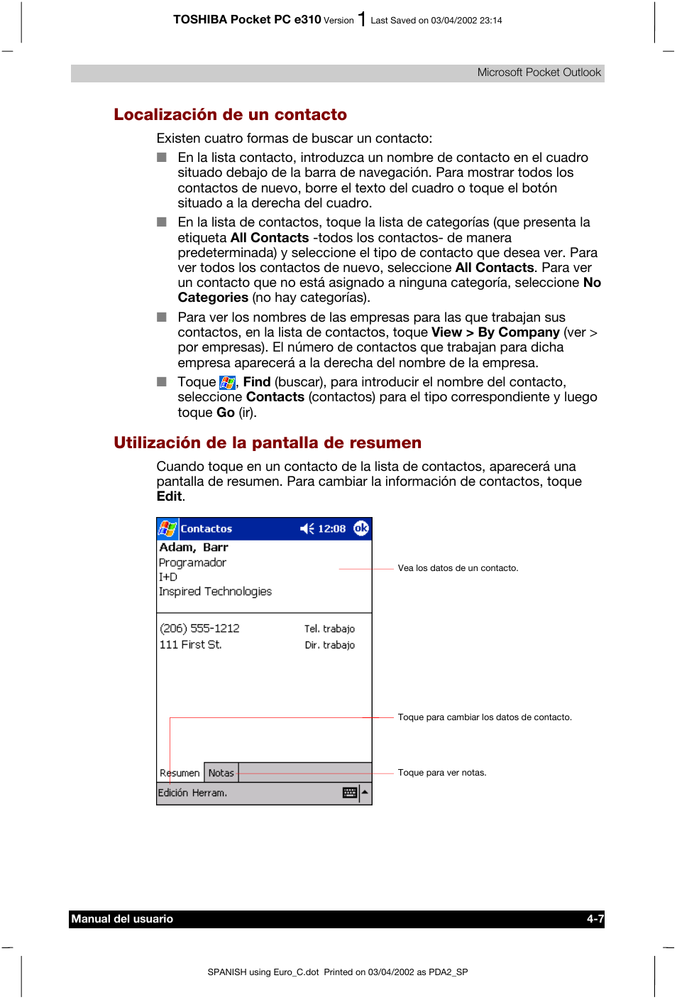 Localización de un contacto, Utilización de la pantalla de resumen | Toshiba Pocket PC e310 User Manual | Page 54 / 107