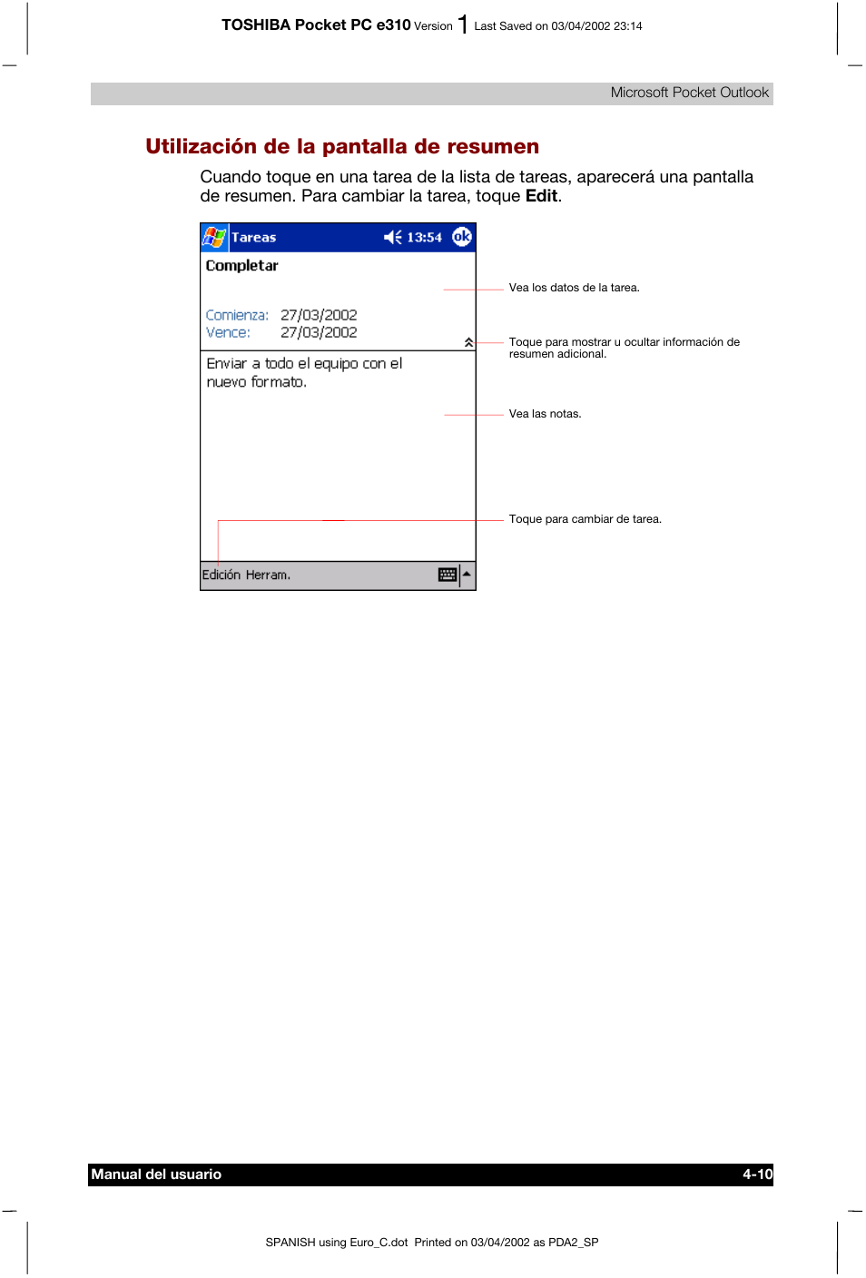 Utilización de la pantalla de resumen | Toshiba Pocket PC e310 User Manual | Page 57 / 107