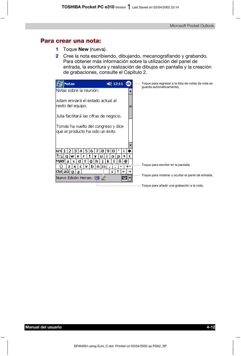 Para crear una nota | Toshiba Pocket PC e310 User Manual | Page 59 / 107