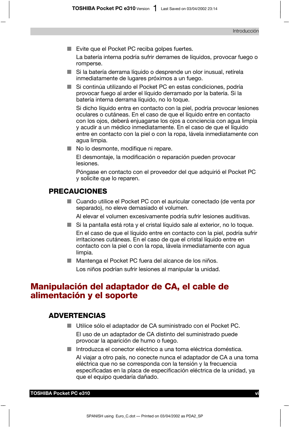 Precauciones, Advertencias | Toshiba Pocket PC e310 User Manual | Page 6 / 107