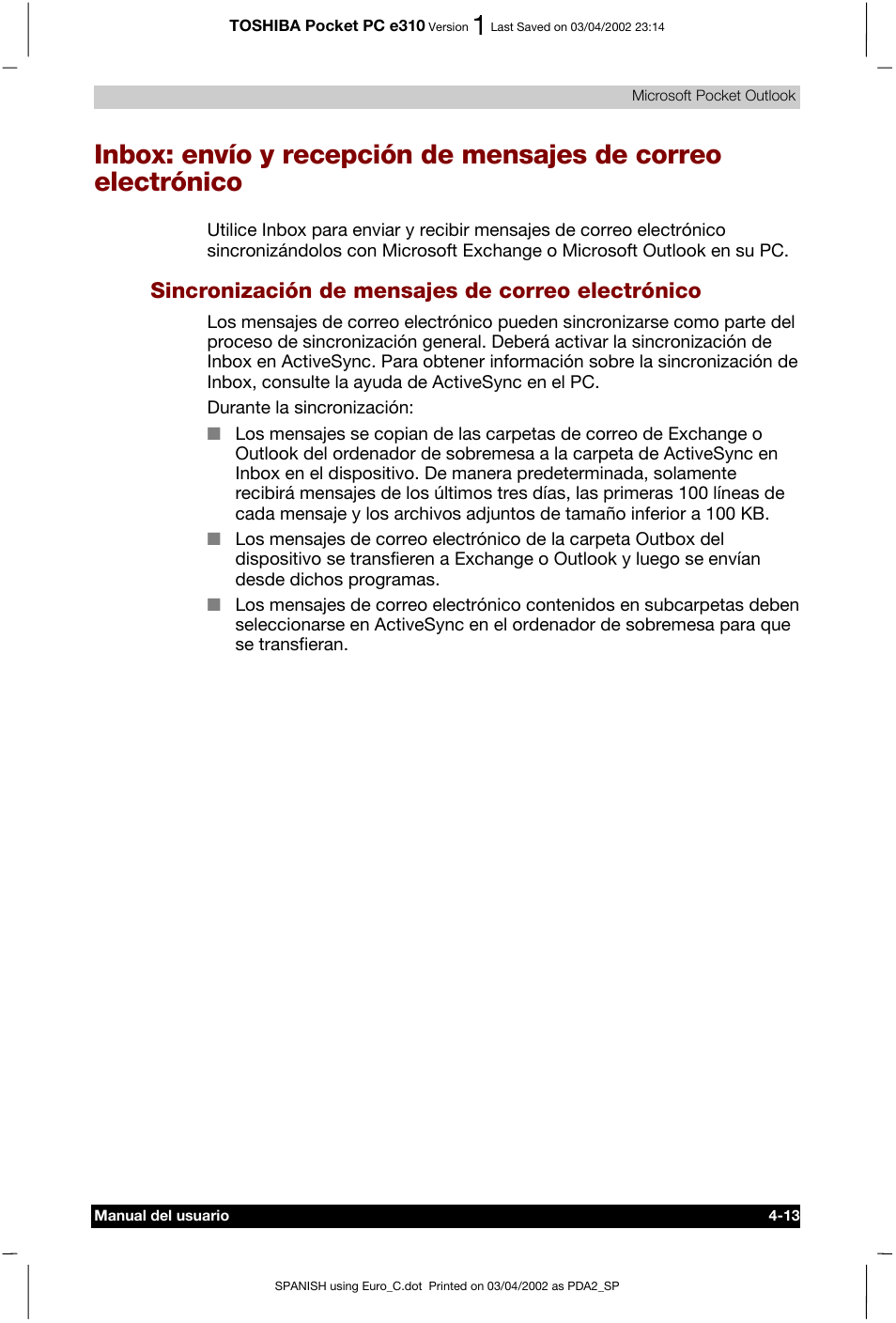 Sincronización de mensajes de correo electrónico | Toshiba Pocket PC e310 User Manual | Page 60 / 107