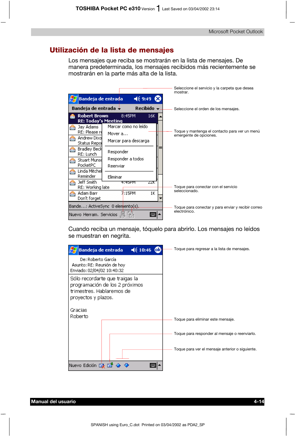 Utilización de la lista de mensajes | Toshiba Pocket PC e310 User Manual | Page 61 / 107