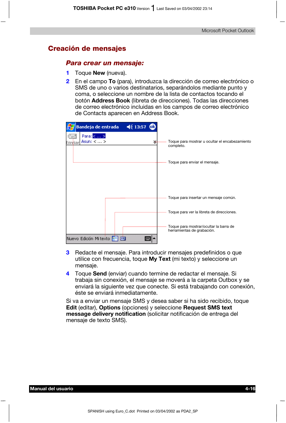 Creación de mensajes, Para crear un mensaje | Toshiba Pocket PC e310 User Manual | Page 63 / 107