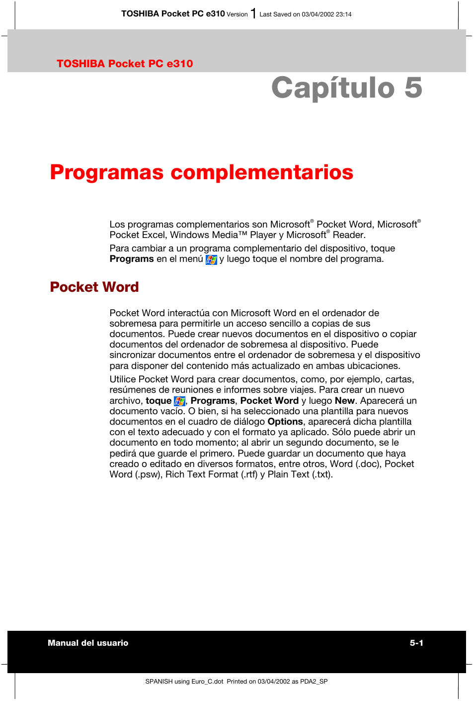 Capítulo 5 programas complementarios, Pocket word, Capítulo 5 | Programas complementarios | Toshiba Pocket PC e310 User Manual | Page 65 / 107