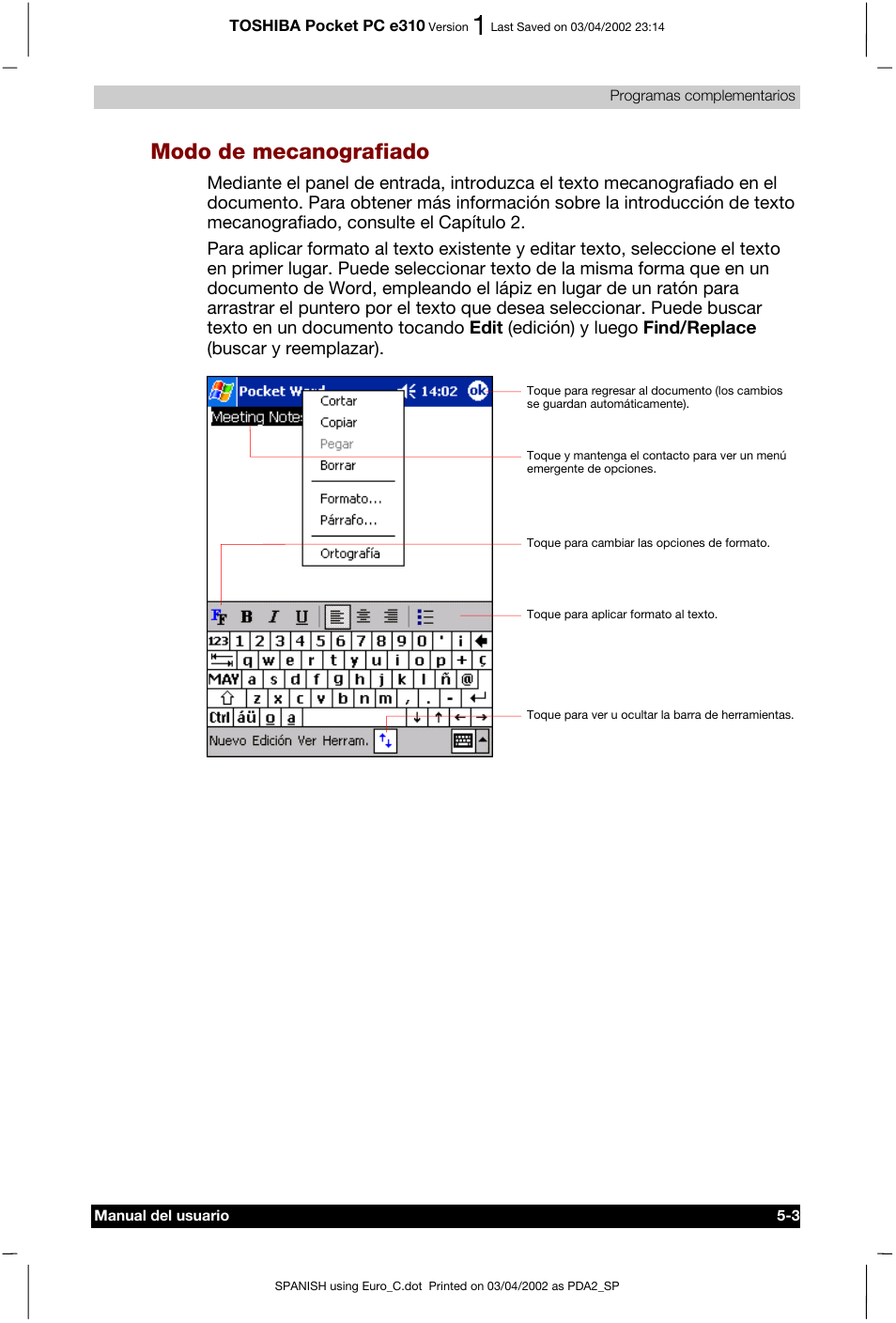 Modo de mecanografiado | Toshiba Pocket PC e310 User Manual | Page 67 / 107