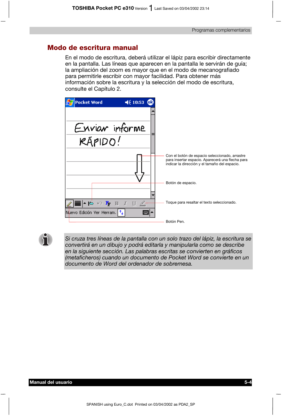 Modo de escritura manual | Toshiba Pocket PC e310 User Manual | Page 68 / 107