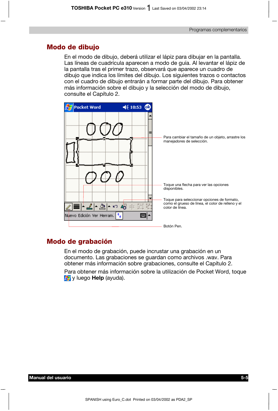 Modo de dibujo, Modo de grabación | Toshiba Pocket PC e310 User Manual | Page 69 / 107