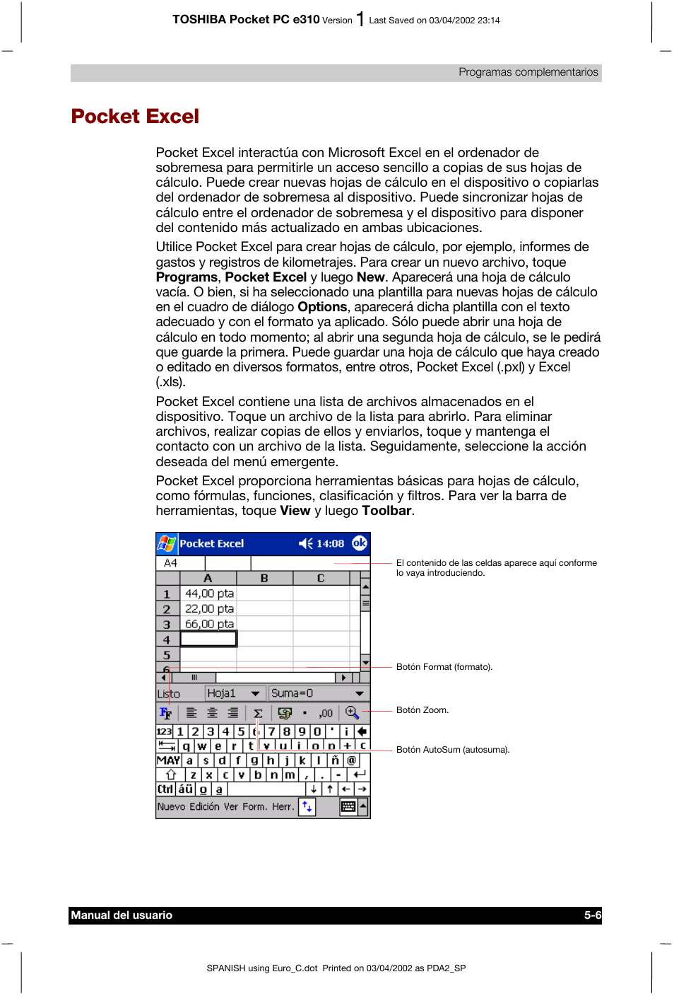 Pocket excel | Toshiba Pocket PC e310 User Manual | Page 70 / 107