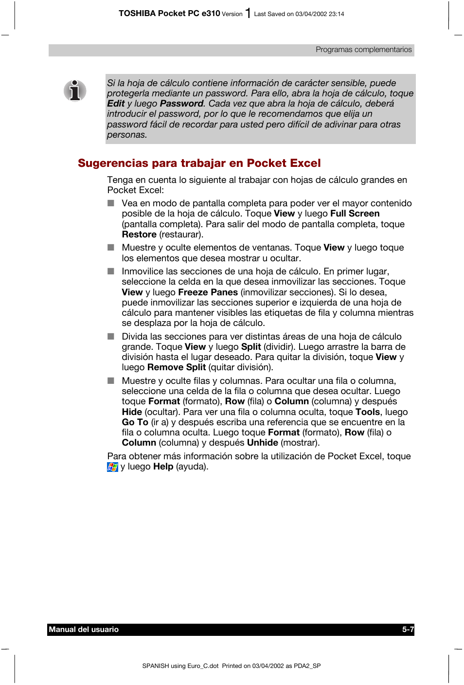 Sugerencias para trabajar en pocket excel | Toshiba Pocket PC e310 User Manual | Page 71 / 107