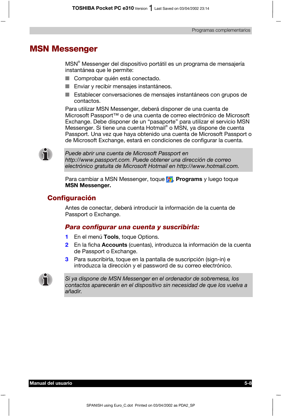 Msn messenger, Configuración, Para configurar una cuenta y suscribirla | Toshiba Pocket PC e310 User Manual | Page 72 / 107