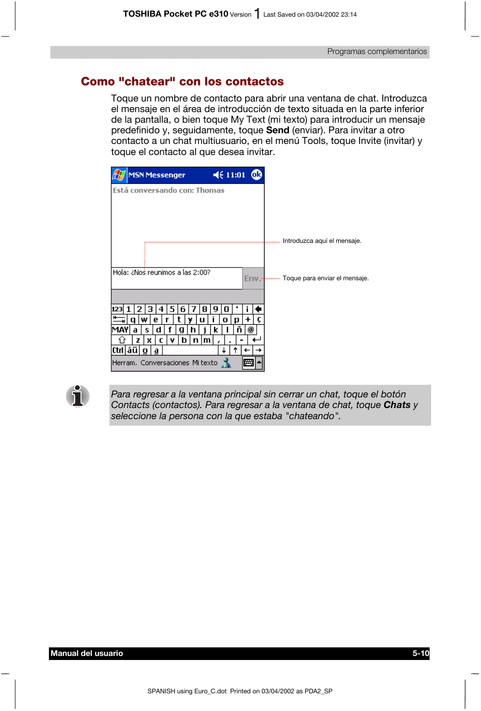 Como "chatear" con los contactos | Toshiba Pocket PC e310 User Manual | Page 74 / 107