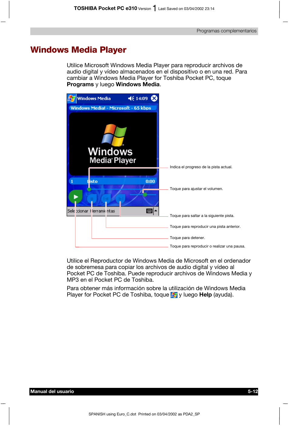 Windows media player | Toshiba Pocket PC e310 User Manual | Page 76 / 107