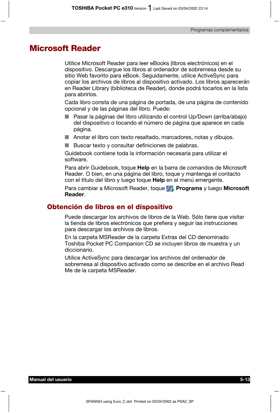 Microsoft reader, Obtención de libros en el dispositivo | Toshiba Pocket PC e310 User Manual | Page 77 / 107