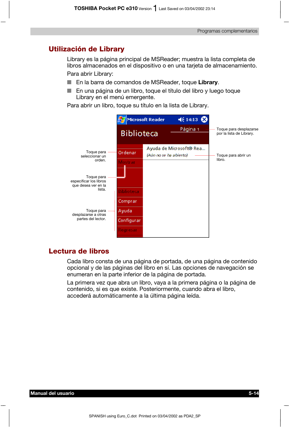 Utilización de library, Lectura de libros | Toshiba Pocket PC e310 User Manual | Page 78 / 107