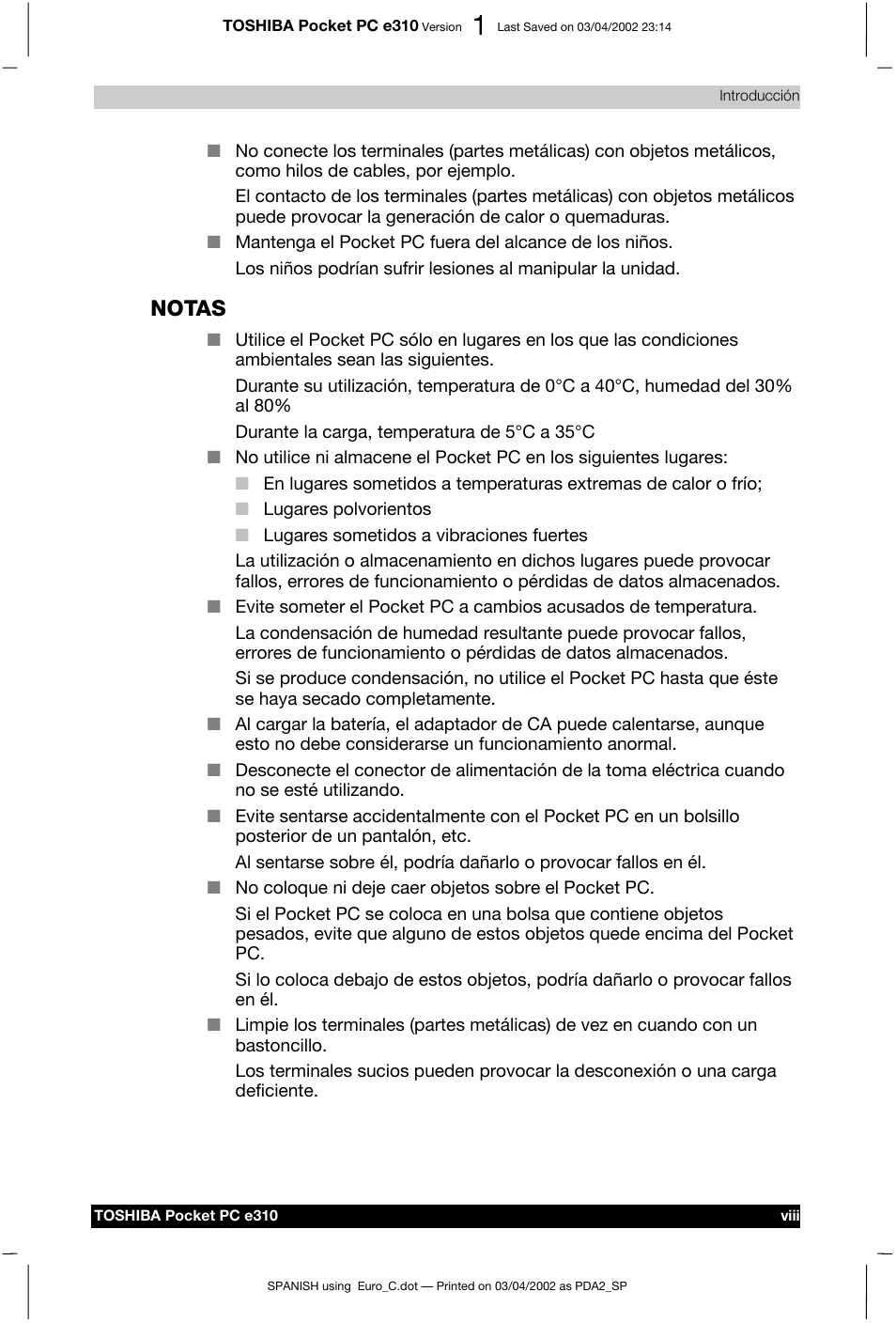 Notas | Toshiba Pocket PC e310 User Manual | Page 8 / 107