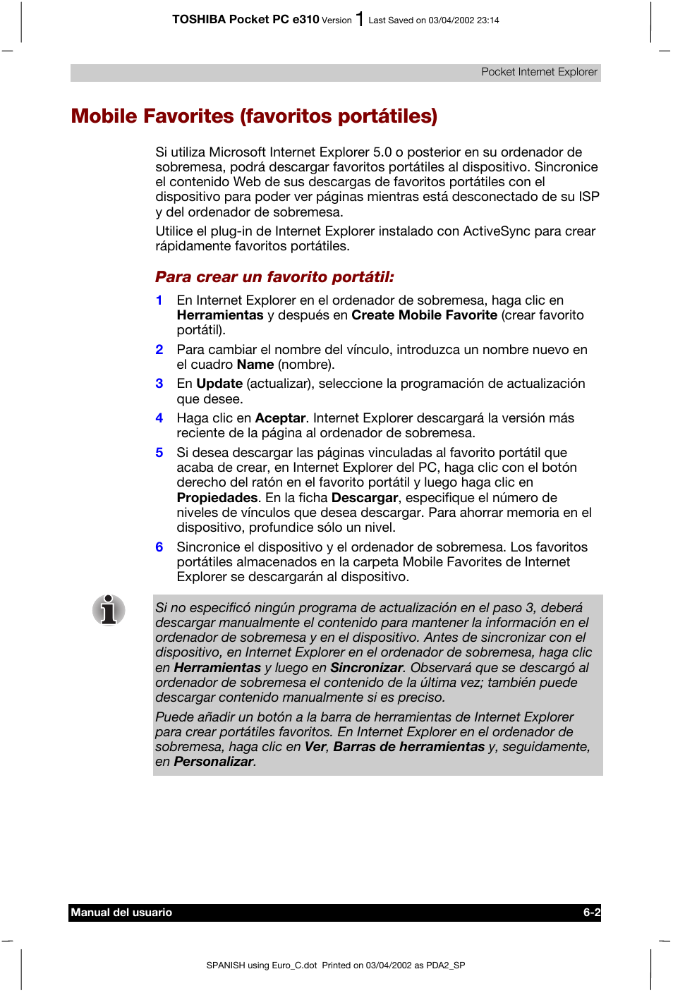 Mobile favorites (favoritos portátiles), Para crear un favorito portátil | Toshiba Pocket PC e310 User Manual | Page 82 / 107