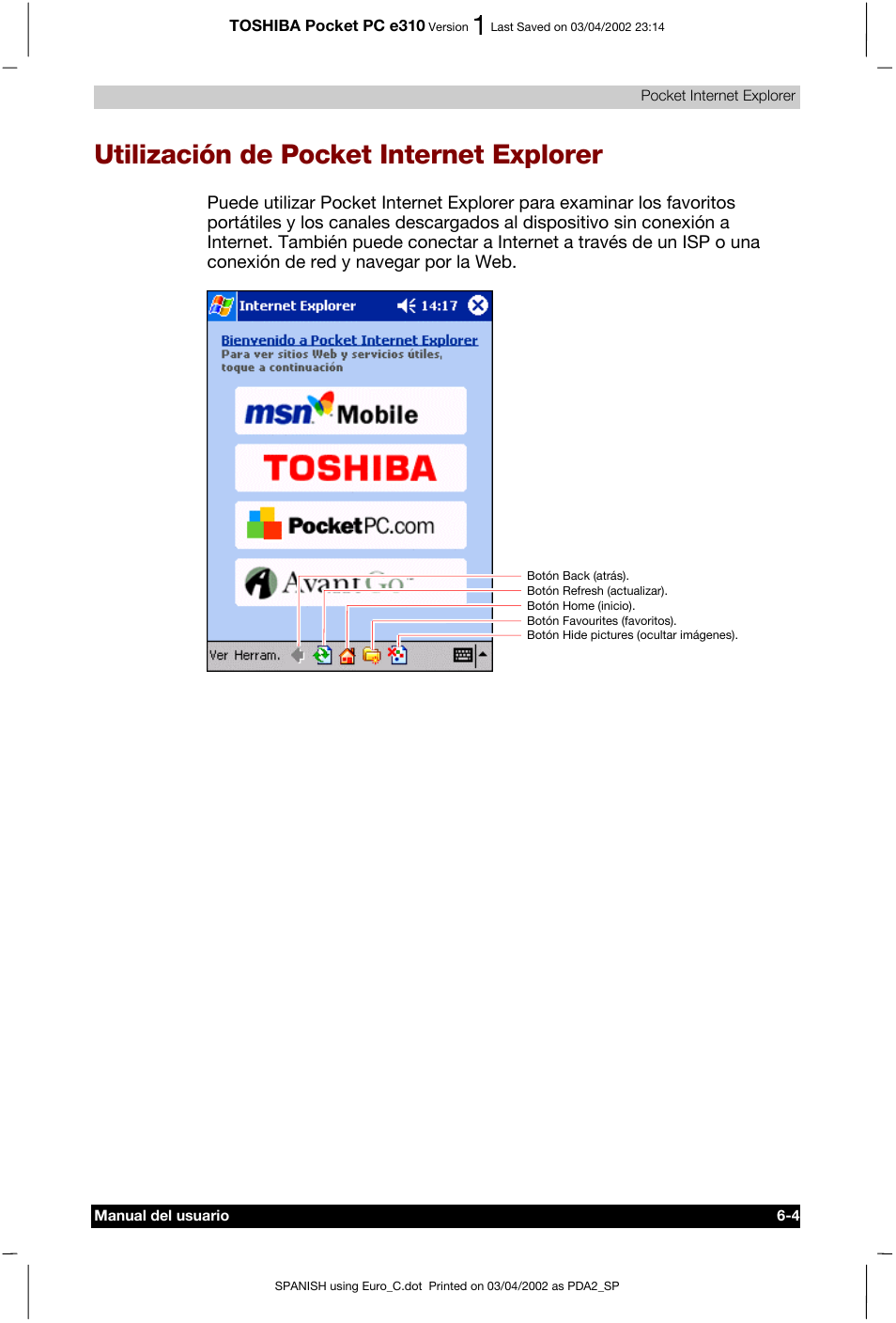 Utilización de pocket internet explorer | Toshiba Pocket PC e310 User Manual | Page 84 / 107