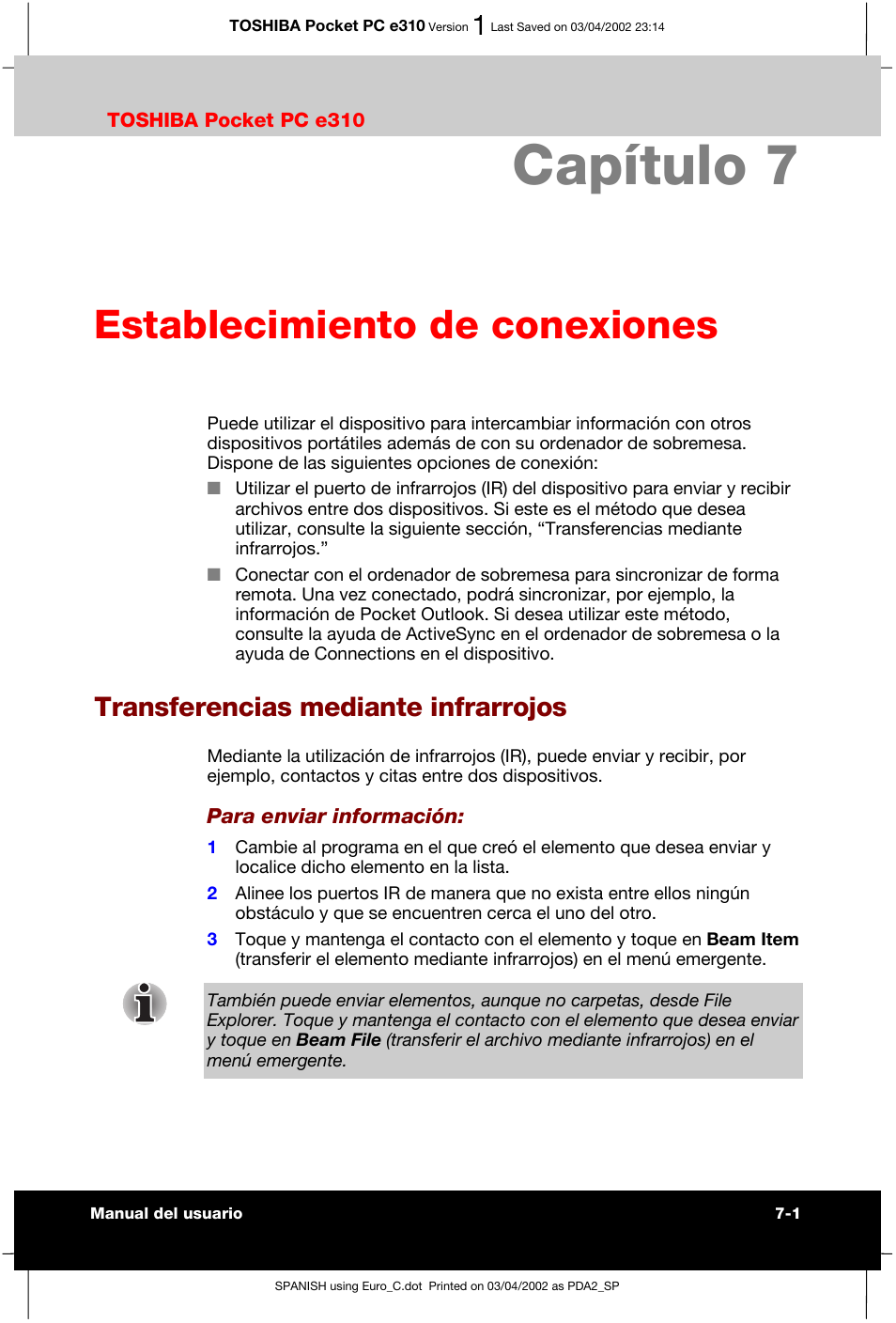 Capítulo 7 establecimiento de conexiones, Transferencias mediante infrarrojos, Capítulo 7 | Establecimiento de conexiones | Toshiba Pocket PC e310 User Manual | Page 86 / 107