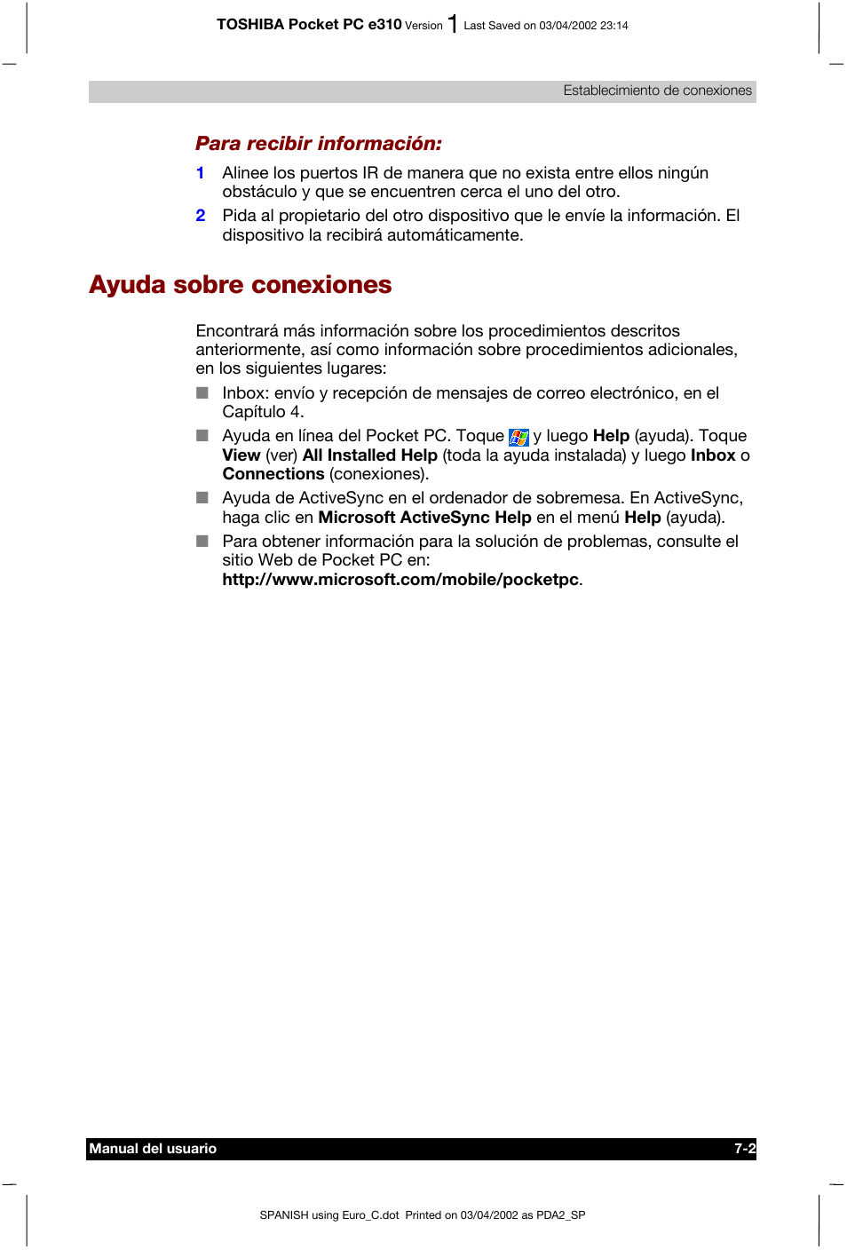 Ayuda sobre conexiones, Para recibir información | Toshiba Pocket PC e310 User Manual | Page 87 / 107