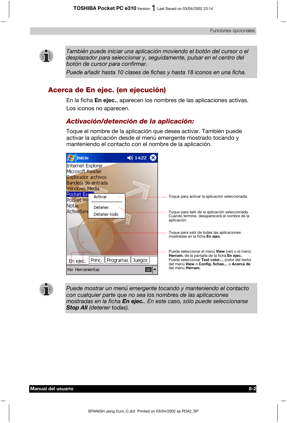 Acerca de en ejec. (en ejecución), Activación/detención de la aplicación | Toshiba Pocket PC e310 User Manual | Page 89 / 107