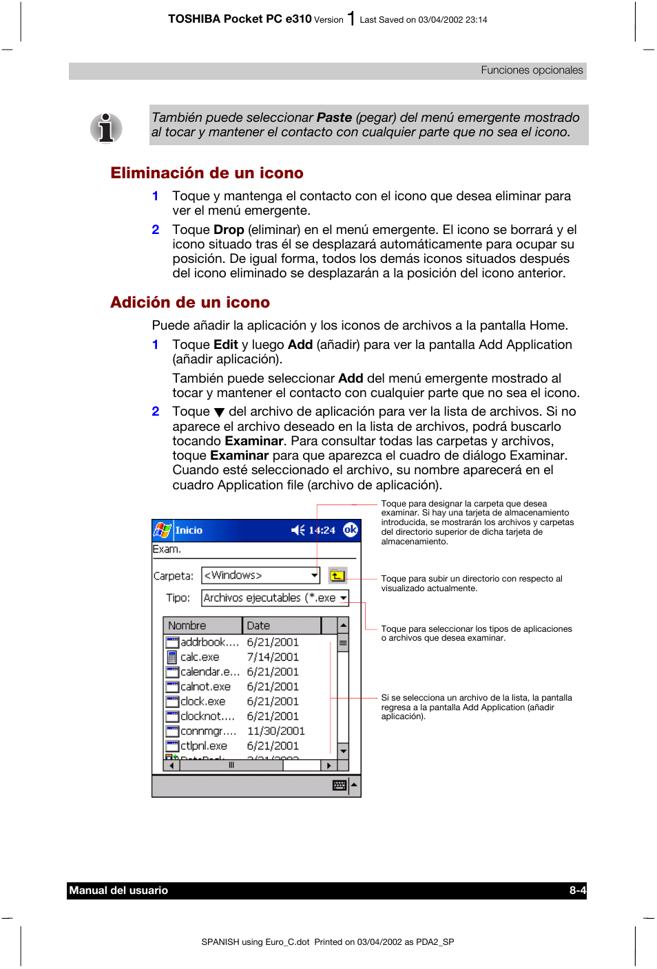 Eliminación de un icono, Adición de un icono | Toshiba Pocket PC e310 User Manual | Page 91 / 107