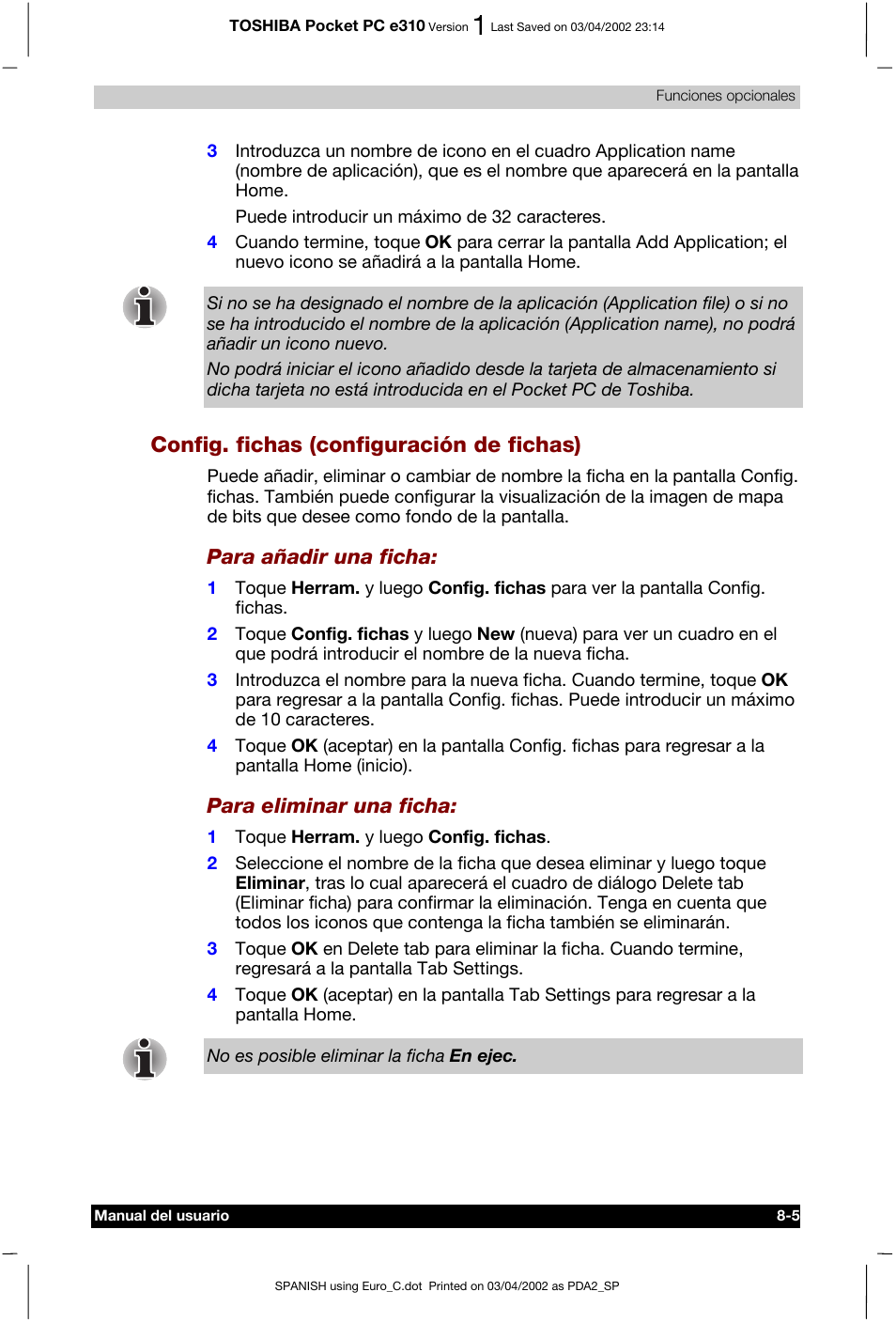 Config. fichas (configuración de fichas) | Toshiba Pocket PC e310 User Manual | Page 92 / 107