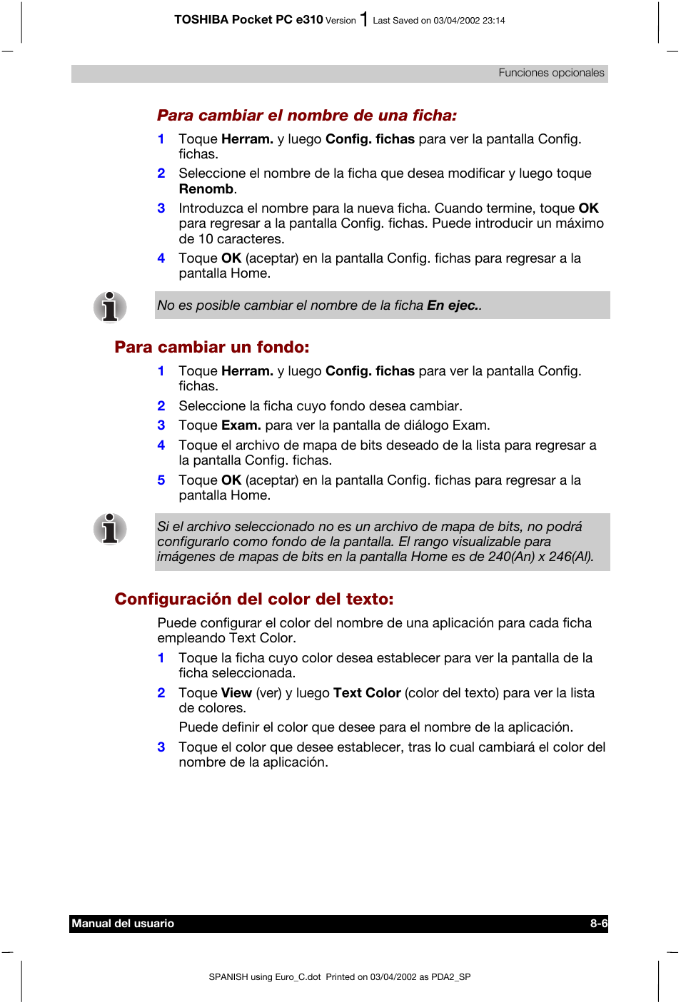 Para cambiar un fondo, Configuración del color del texto | Toshiba Pocket PC e310 User Manual | Page 93 / 107