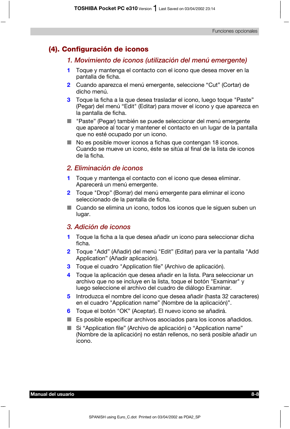 4). configuración de iconos | Toshiba Pocket PC e310 User Manual | Page 95 / 107