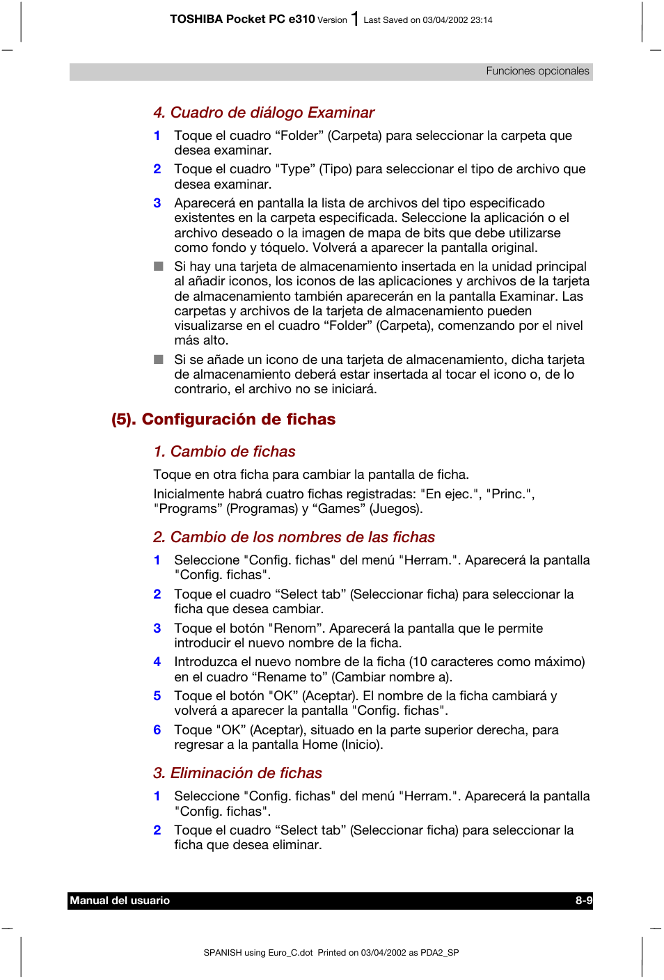 5). configuración de fichas | Toshiba Pocket PC e310 User Manual | Page 96 / 107