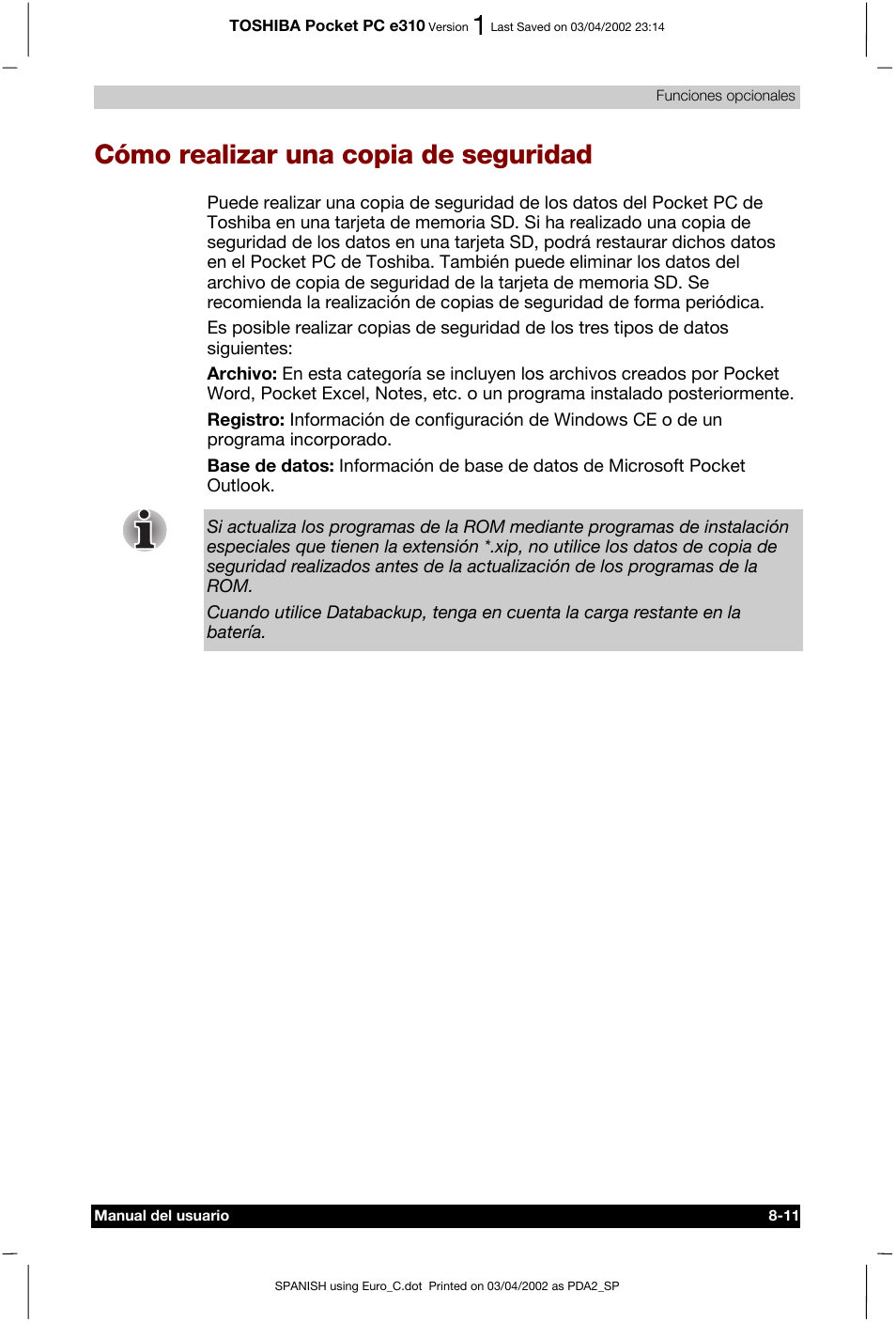 Cómo realizar una copia de seguridad, D -11 | Toshiba Pocket PC e310 User Manual | Page 98 / 107