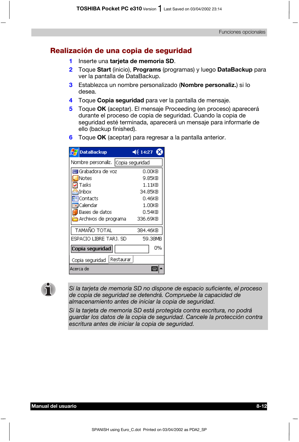 Realización de una copia de seguridad | Toshiba Pocket PC e310 User Manual | Page 99 / 107