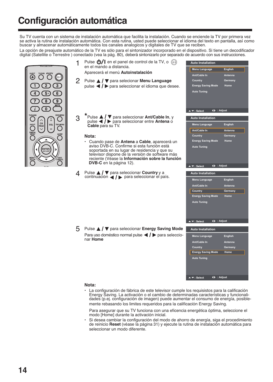 Configuración automática | Toshiba DV734 User Manual | Page 14 / 96