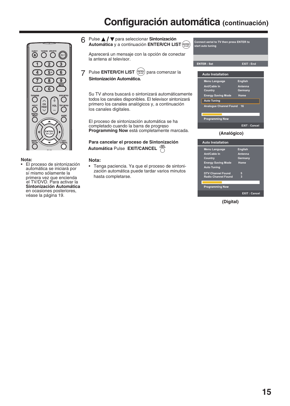 Configuración automática, Continuación) | Toshiba DV734 User Manual | Page 15 / 96