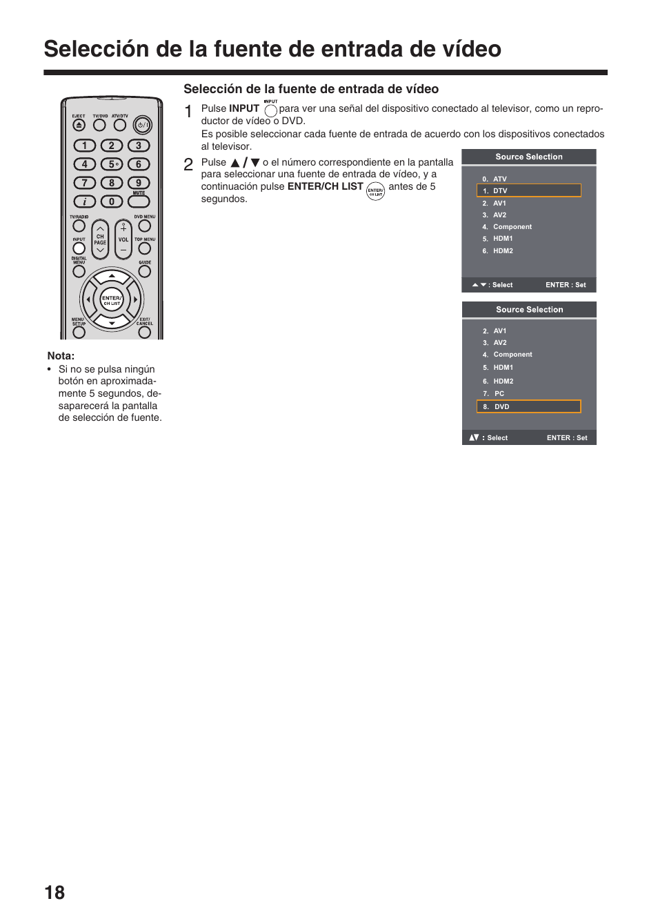 Selección de la fuente de entrada de vídeo | Toshiba DV734 User Manual | Page 18 / 96