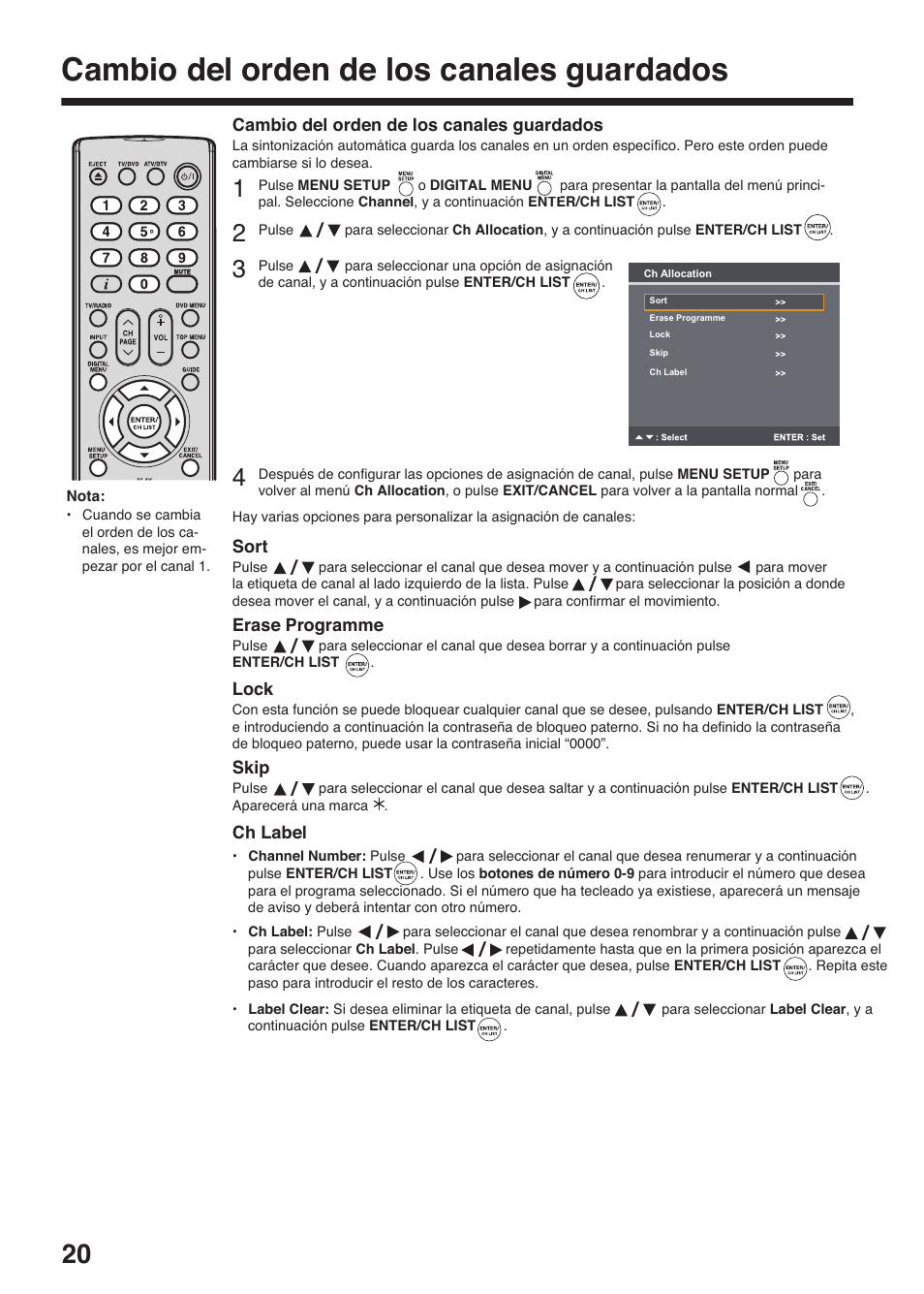 Cambio del orden de los canales guardados | Toshiba DV734 User Manual | Page 20 / 96