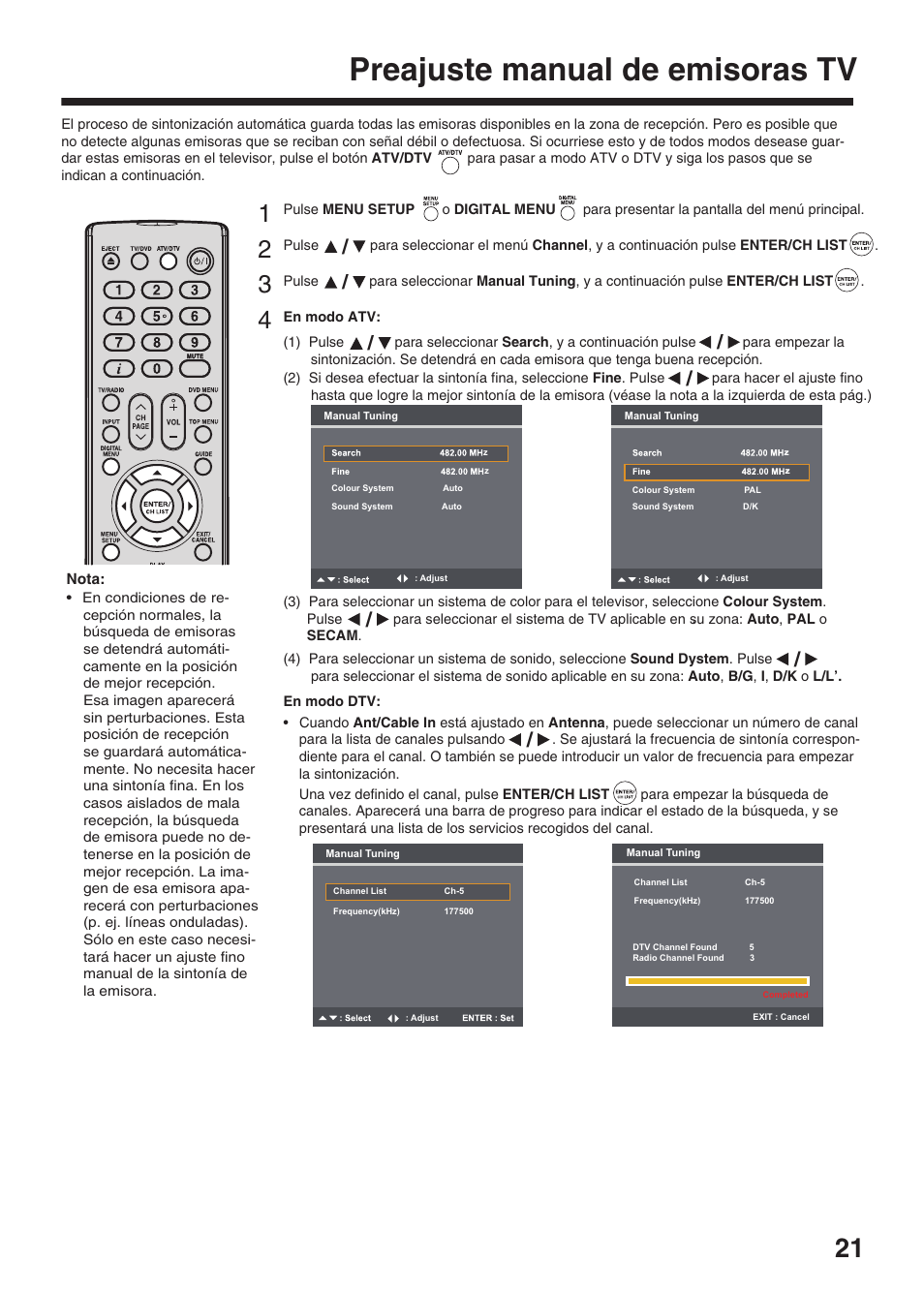 Preajuste manual de emisoras tv | Toshiba DV734 User Manual | Page 21 / 96