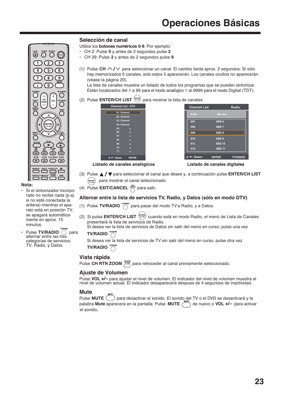 Operaciones básicas, Selección de canal, Vista rápida | Ajuste de volumen, Mute | Toshiba DV734 User Manual | Page 23 / 96