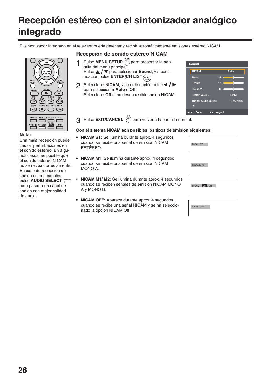 Recepción de sonido estéreo nicam | Toshiba DV734 User Manual | Page 26 / 96