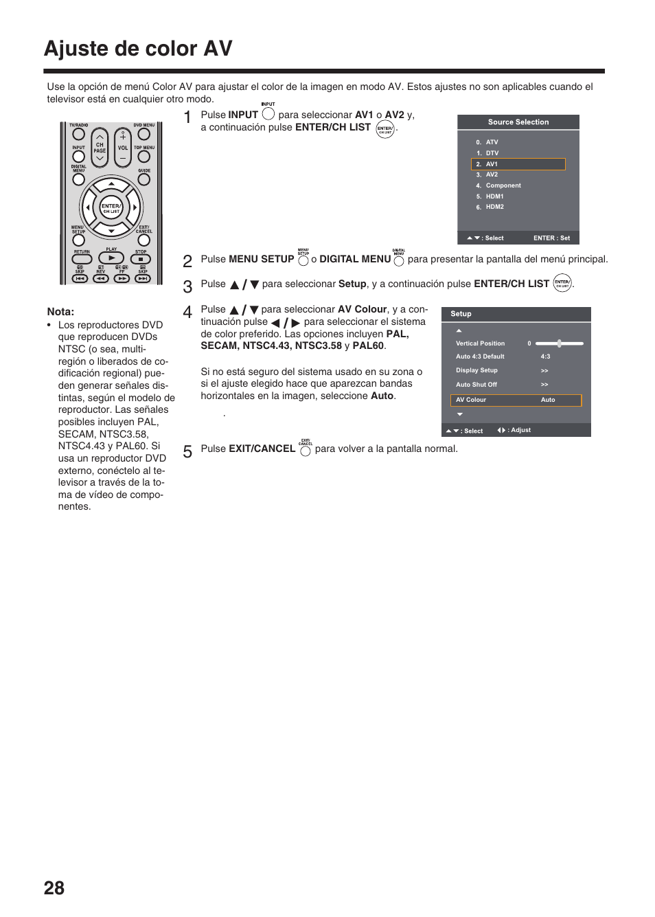 Ajuste de color av | Toshiba DV734 User Manual | Page 28 / 96