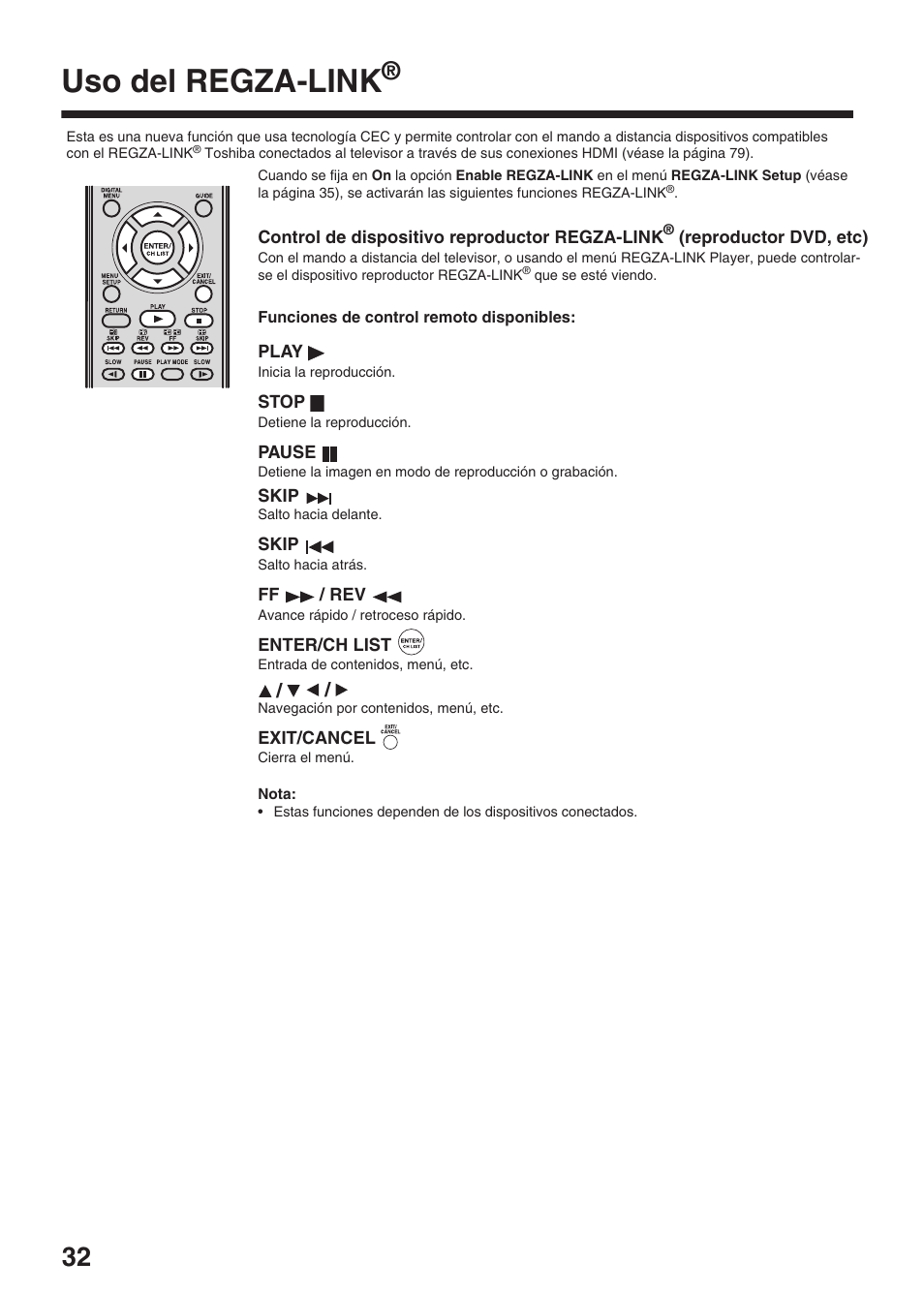 Uso del regza-link | Toshiba DV734 User Manual | Page 32 / 96