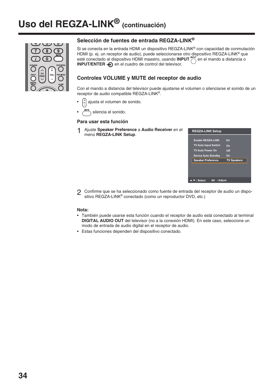 Uso del regza-link, Continuación) | Toshiba DV734 User Manual | Page 34 / 96