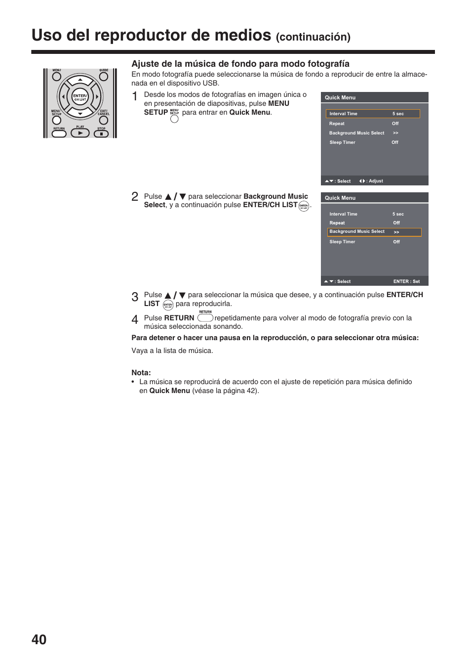 Uso del reproductor de medios, Continuación) | Toshiba DV734 User Manual | Page 40 / 96