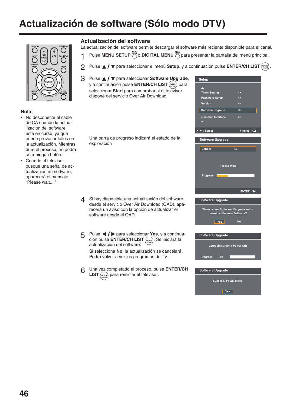 Actualización de software (sólo modo dtv), Actualización del software | Toshiba DV734 User Manual | Page 46 / 96