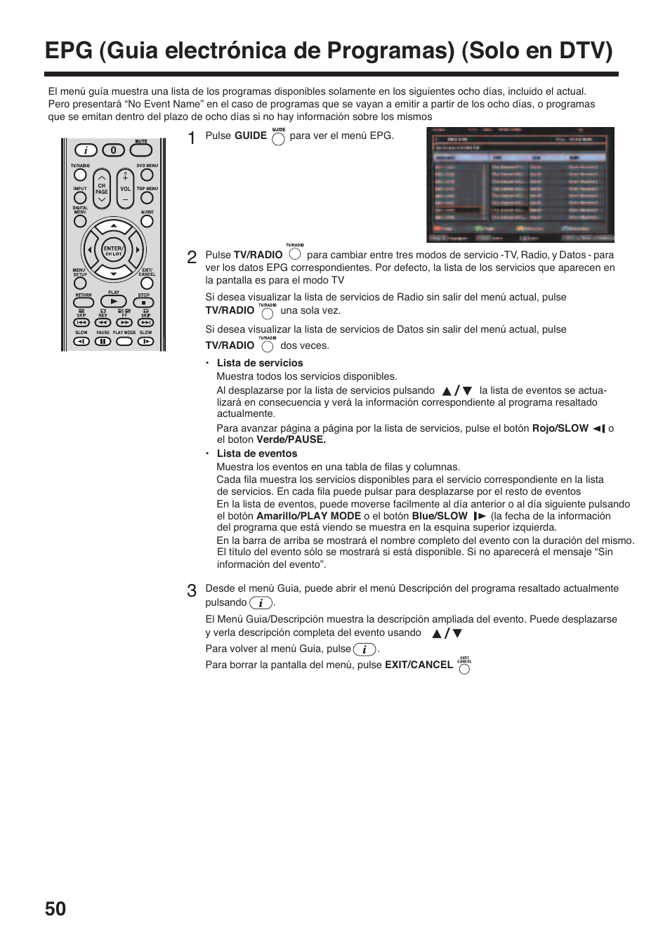 Epg (guia electrónica de programas) (solo en dtv) | Toshiba DV734 User Manual | Page 50 / 96