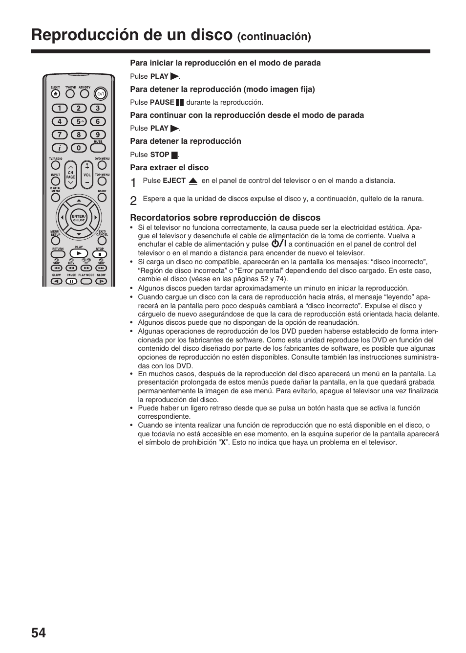 Reproducción de un disco, Continuación) | Toshiba DV734 User Manual | Page 54 / 96