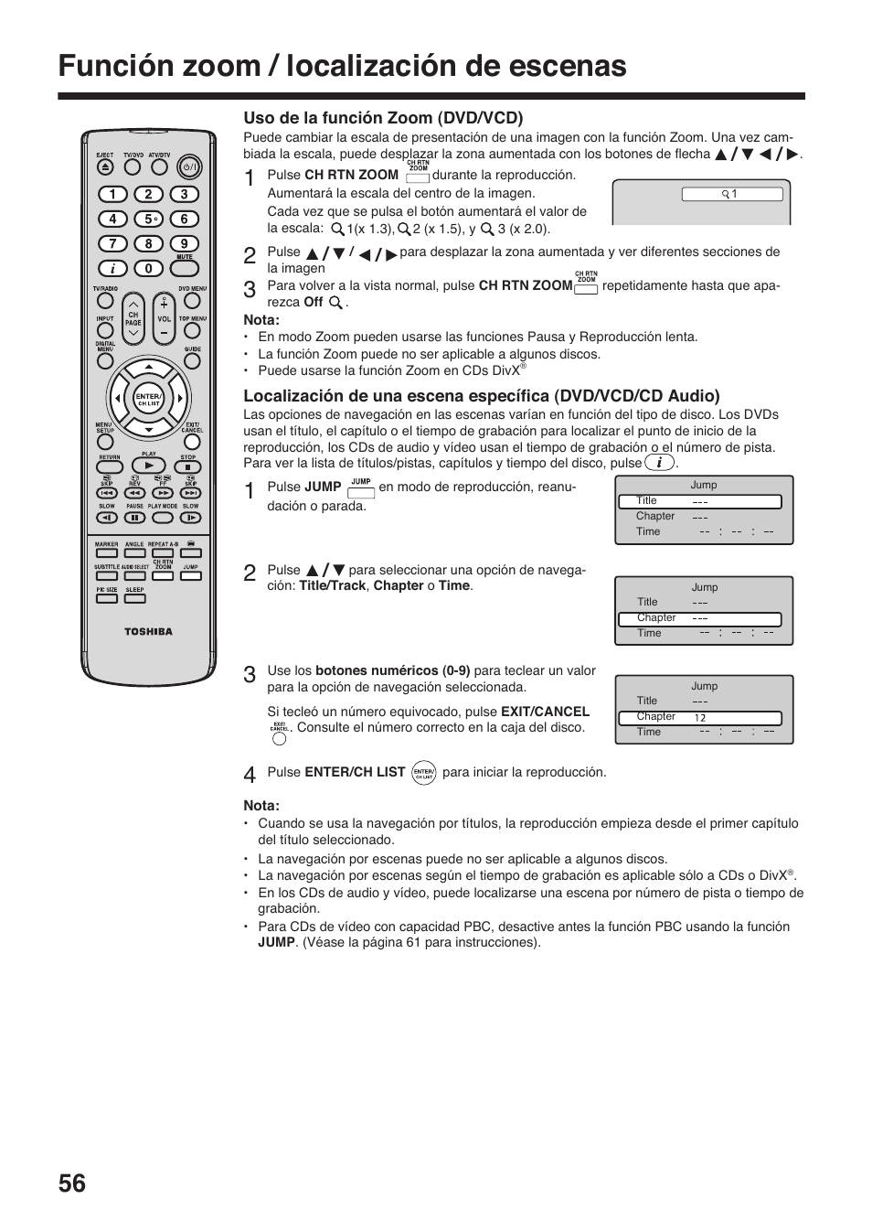 Función zoom / localización de escenas | Toshiba DV734 User Manual | Page 56 / 96