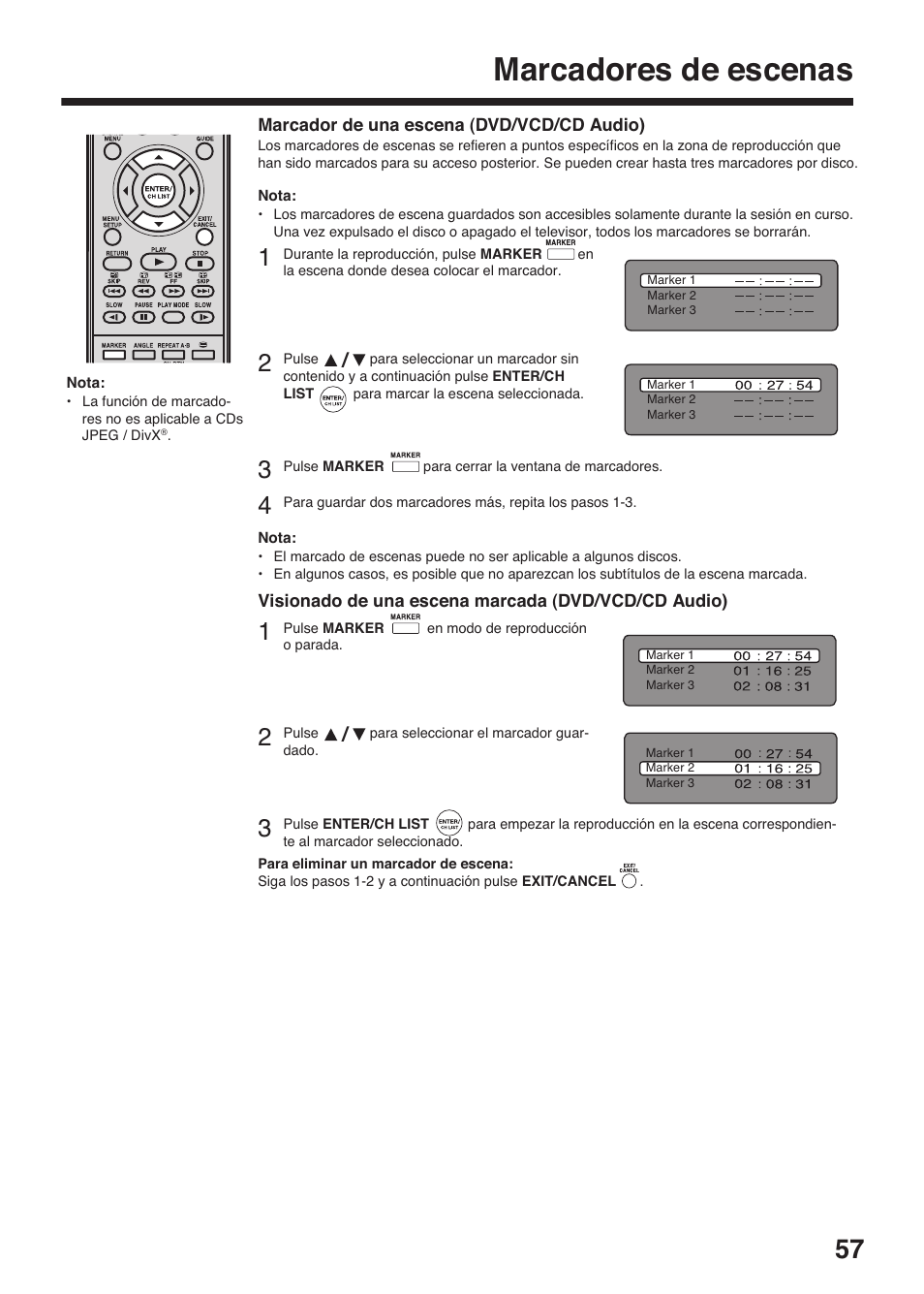 Marcadores de escenas | Toshiba DV734 User Manual | Page 57 / 96