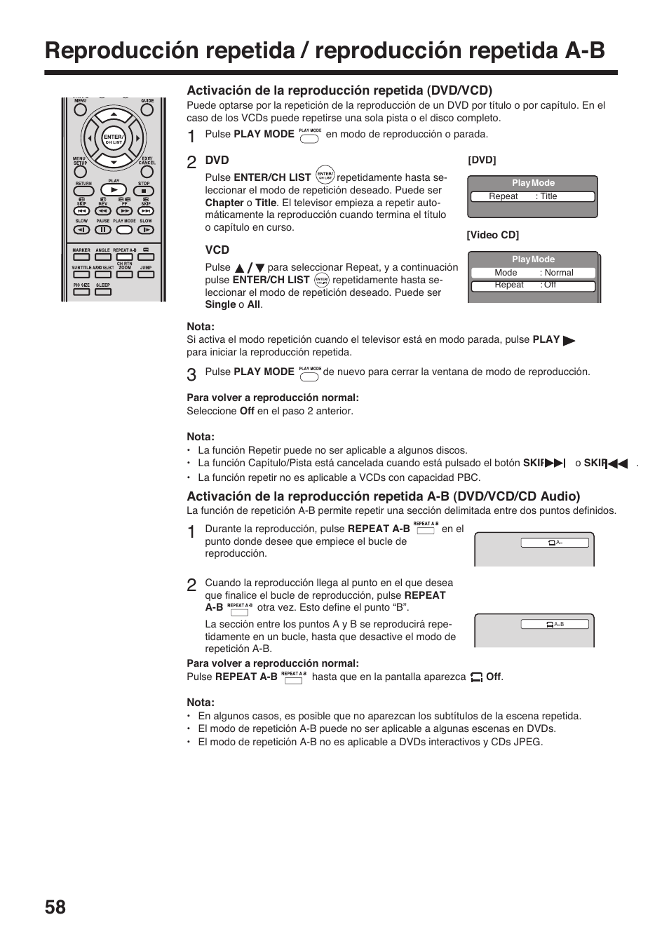 Reproducción repetida / reproducción repetida a-b | Toshiba DV734 User Manual | Page 58 / 96