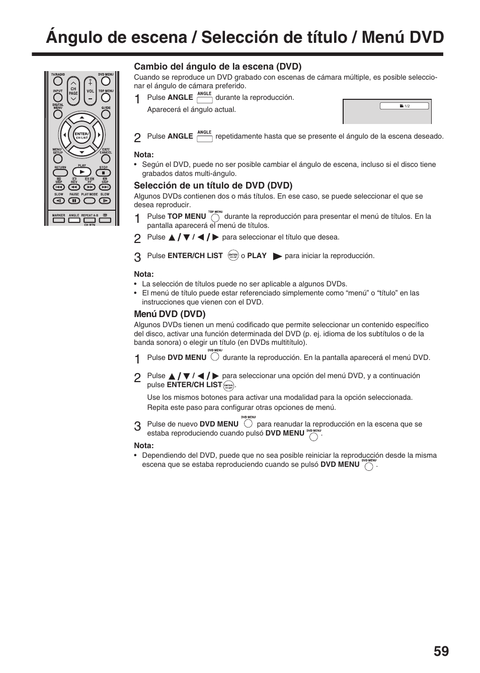 Ángulo de escena / selección de título / menú dvd | Toshiba DV734 User Manual | Page 59 / 96