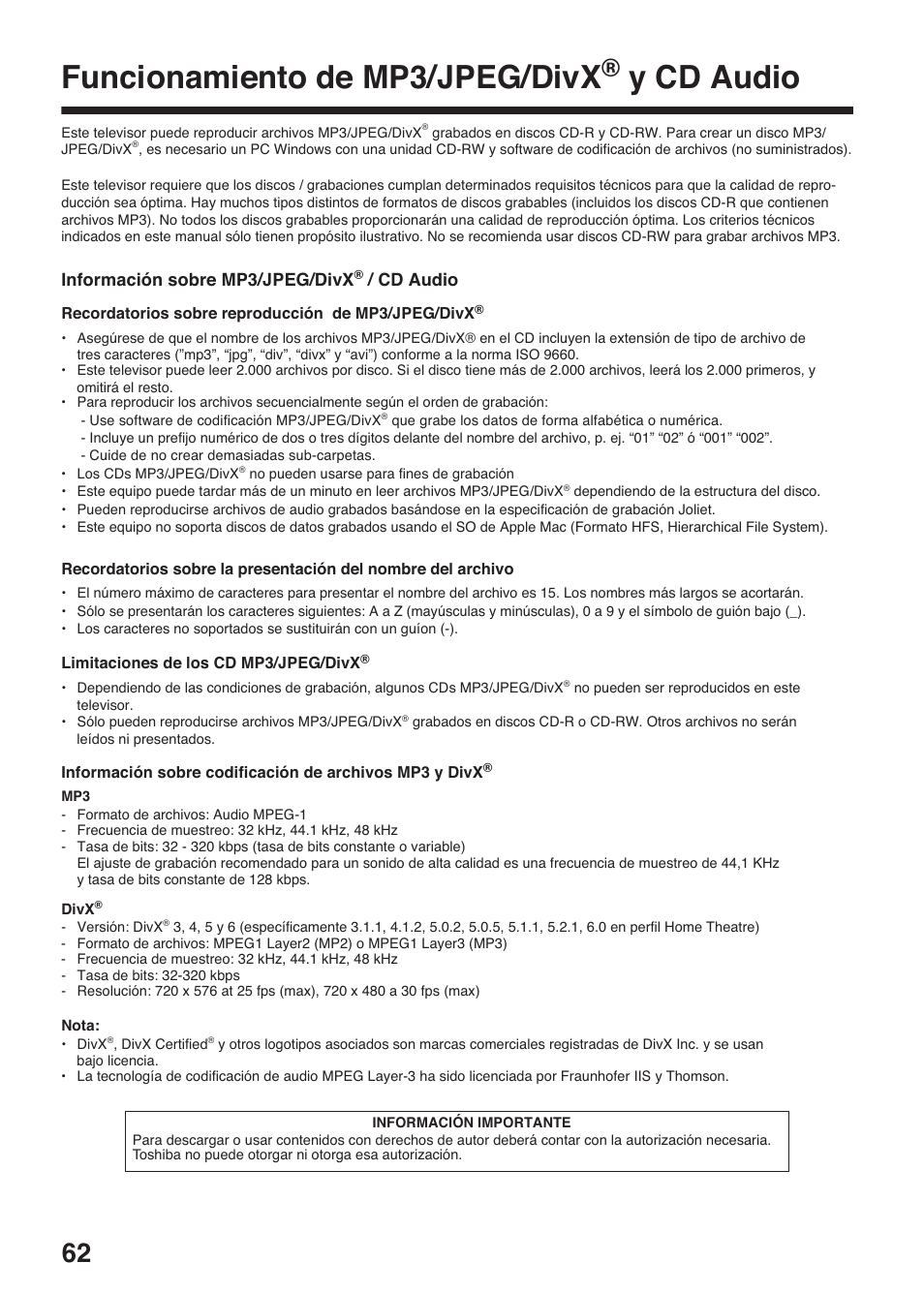 Funcionamiento de mp3/jpeg/divx, Y cd audio, Información sobre mp3/jpeg/divx | Cd audio | Toshiba DV734 User Manual | Page 62 / 96